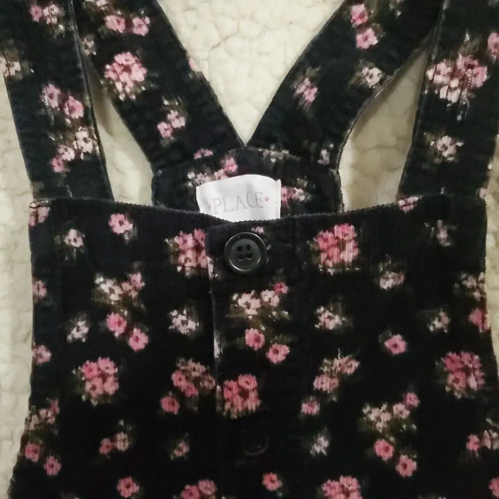 The Children's Place Girls Corduroy Jumper Dress Sz 10 Black Pink Floral Overall